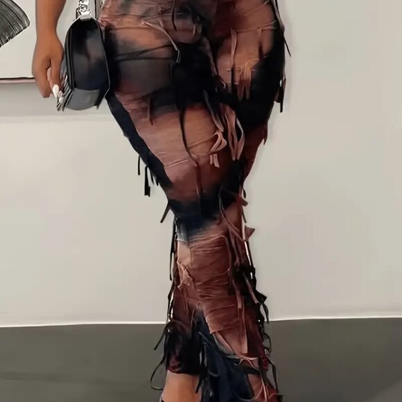 Pants - Tie Dye Print Flare Leg Pants, Y2K High Waist Skinny Tassel Mesh Pants